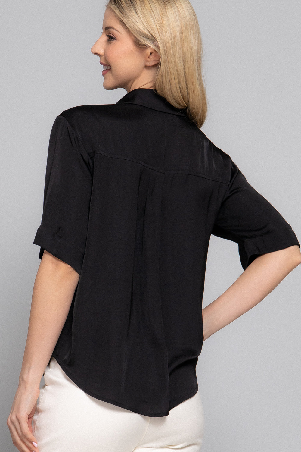 Washed Satin Short Sleeve Button-Down Shirt