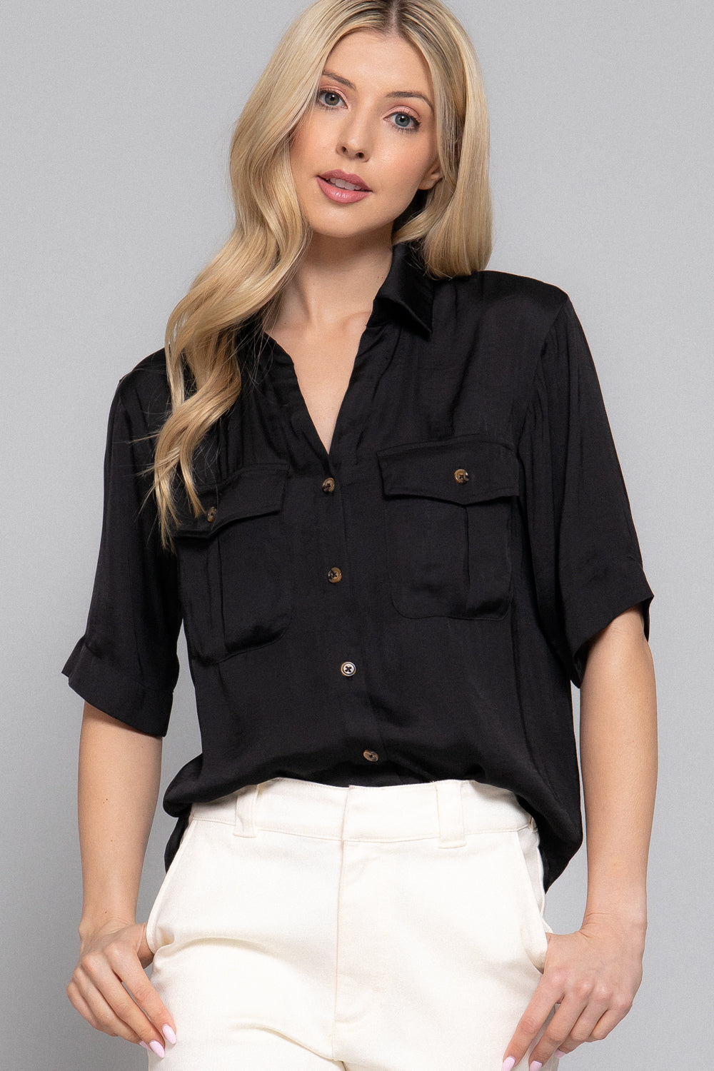Washed Satin Short Sleeve Button-Down Shirt