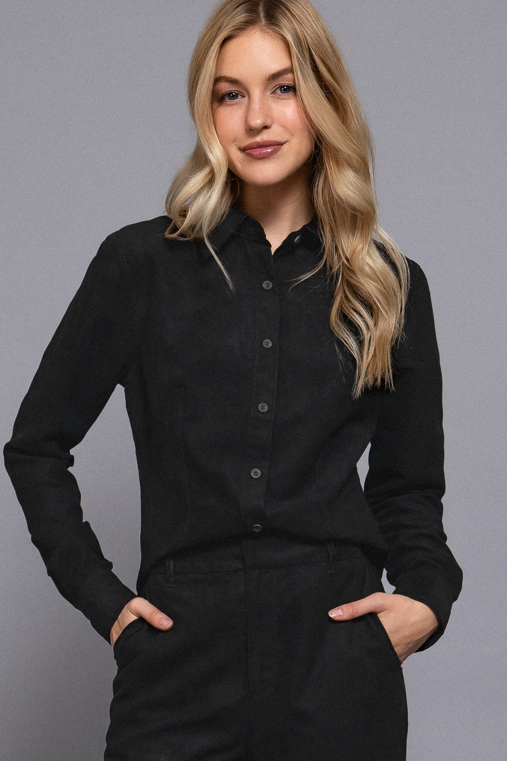 Women’s Long Sleeve Faux Suede Button-Up Shirt | Soft Woven Blouse