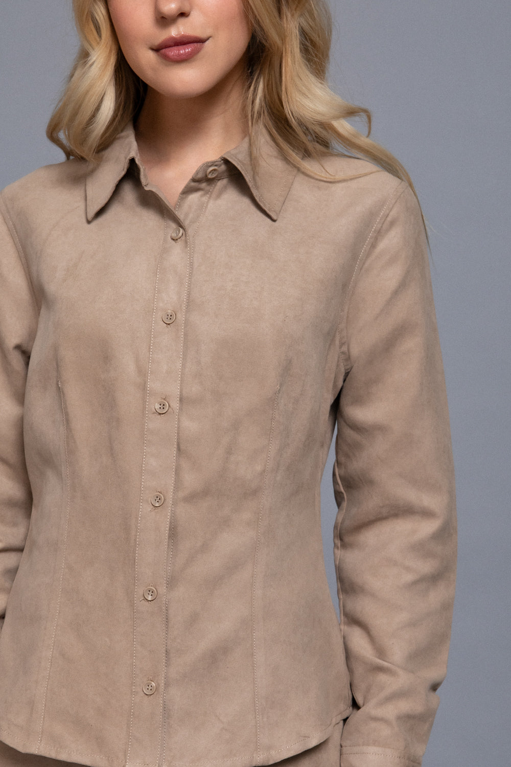 Women’s Long Sleeve Faux Suede Button-Up Shirt | Soft Woven Blouse