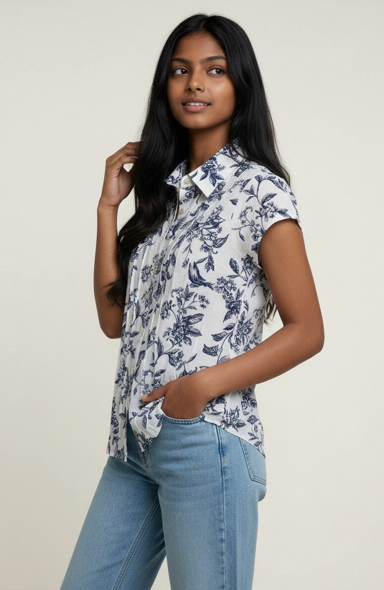 Blue Floral Button-Up Cap Sleeve Blouse