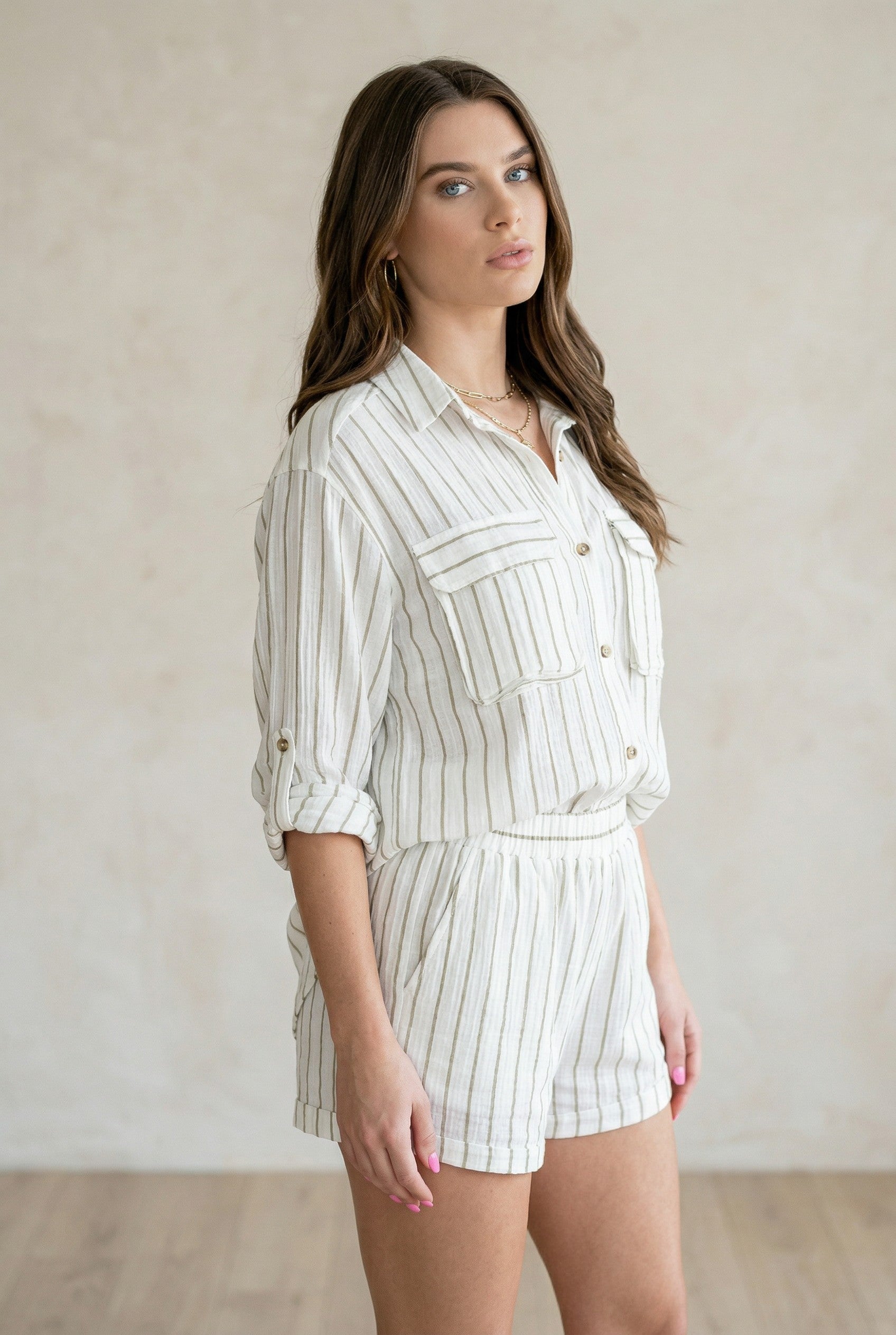 Striped Linen Button-Up Shirt & Shorts Set