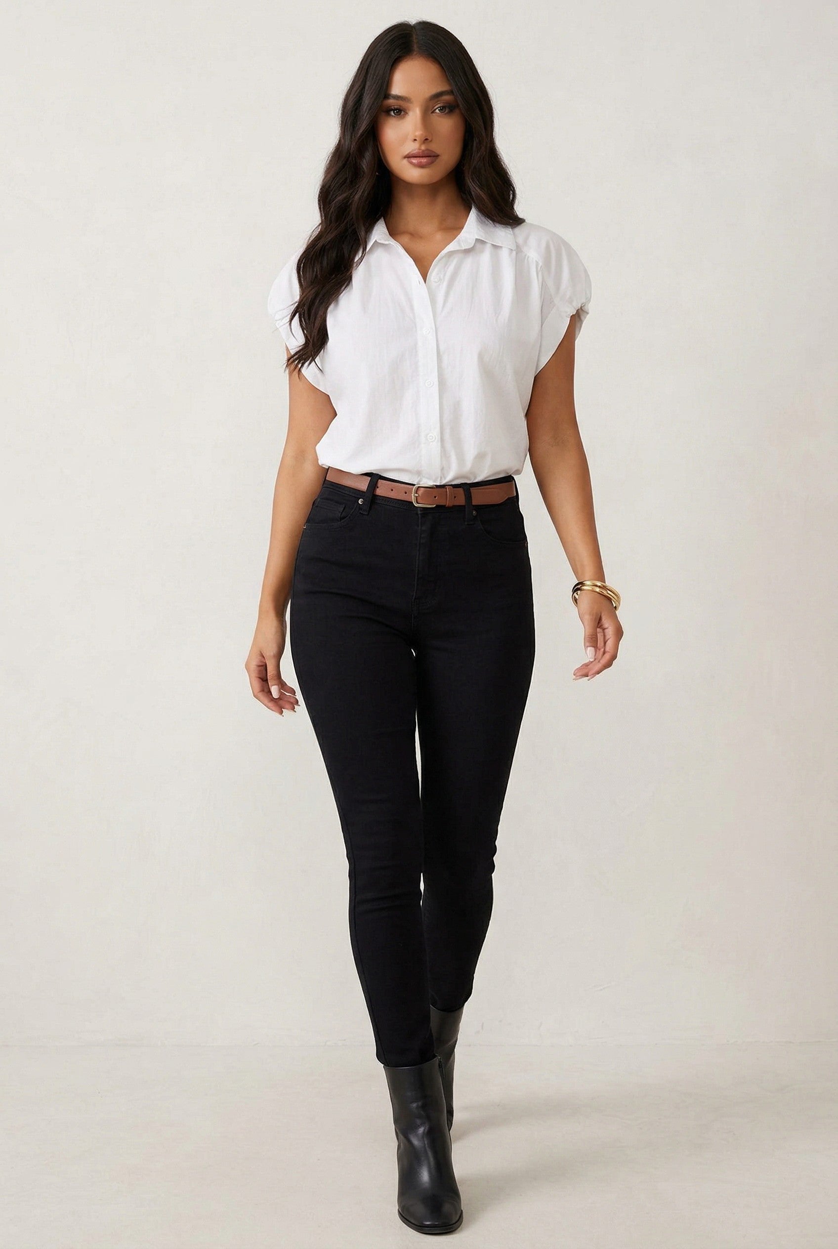 Gathered Shoulder Cap Sleeve Button-Up Top