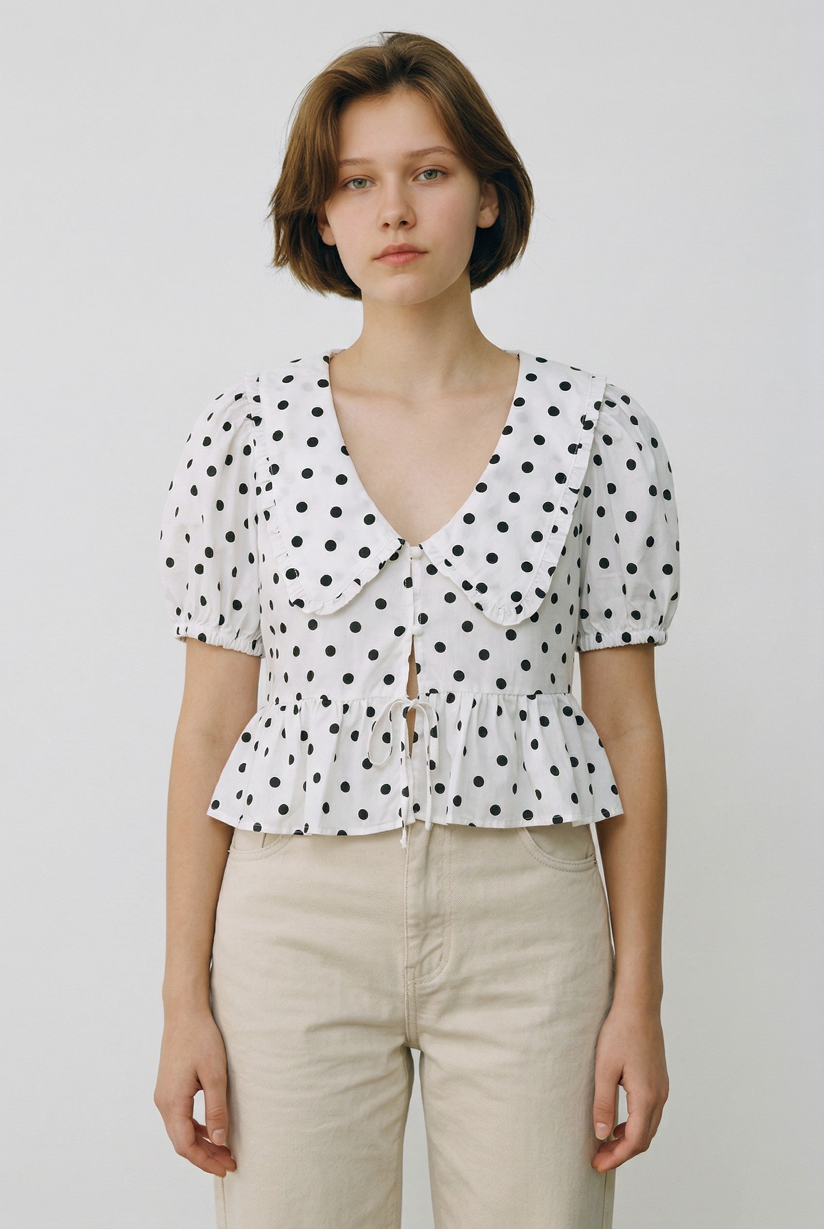 Polka Dot Ruffle Collar Peplum Top