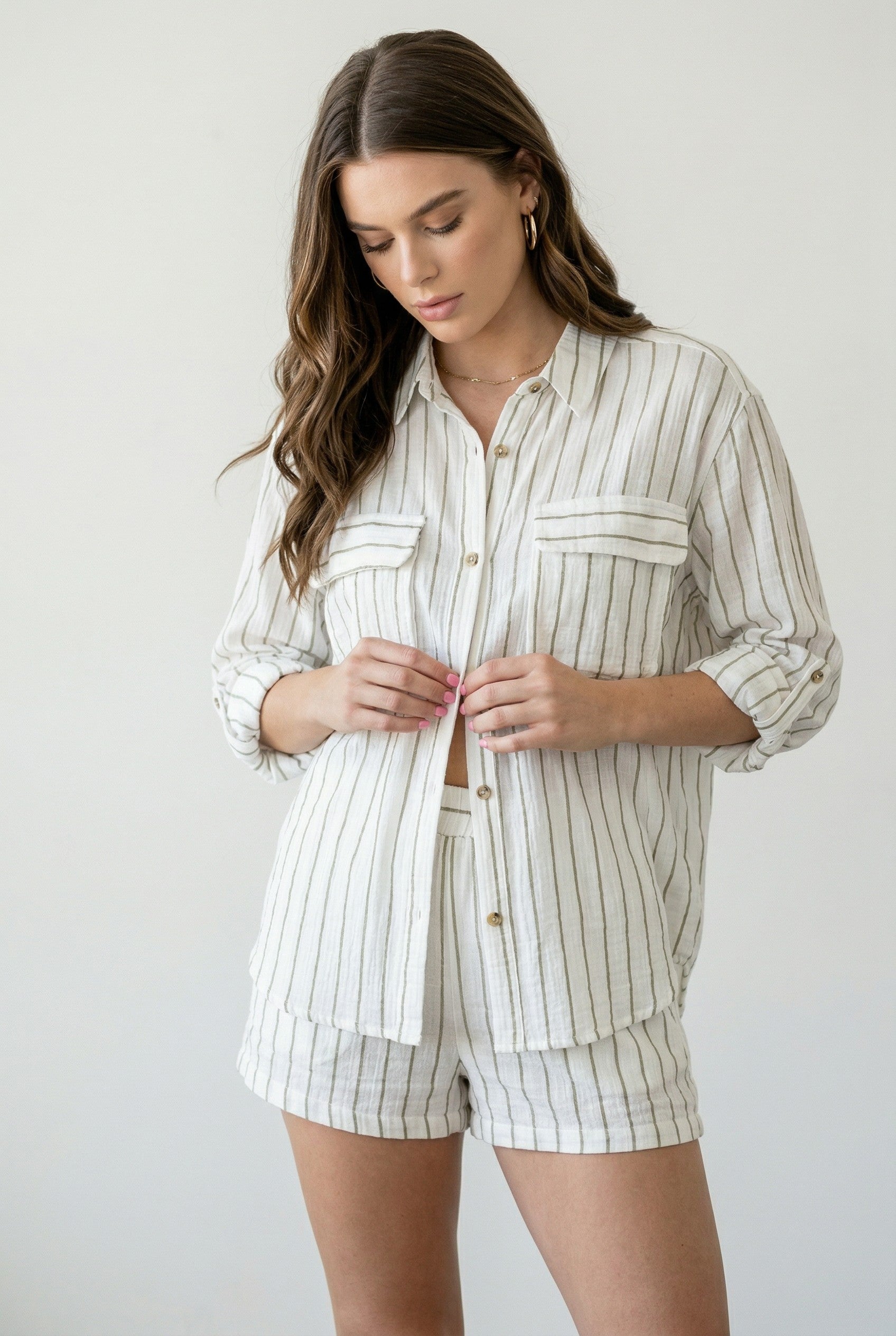 Striped Linen Button-Up Shirt & Shorts Set