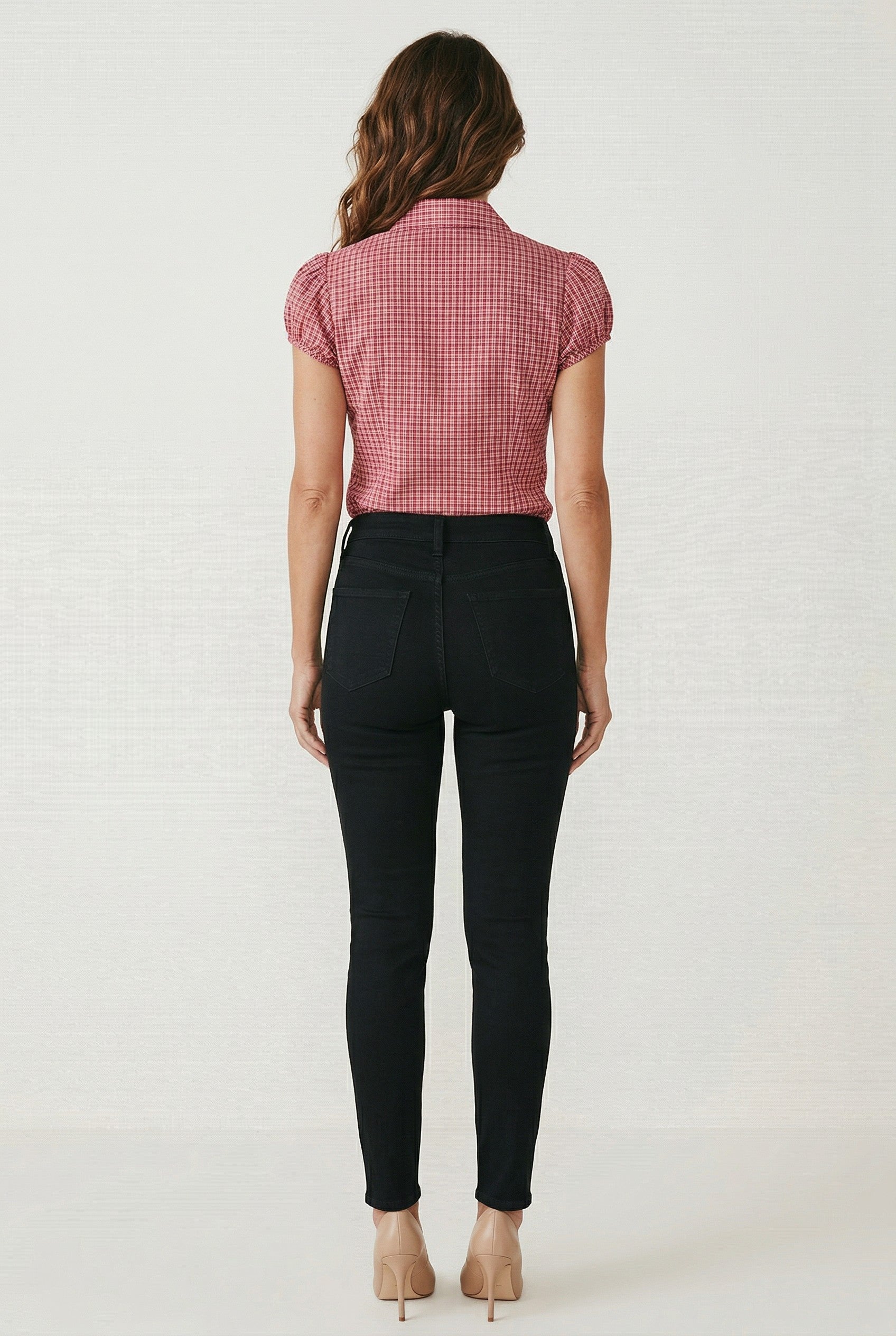 Red Gingham Puff Sleeve Button-Up Top