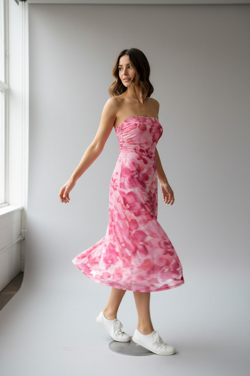 Pink Floral Strapless Midi Dress