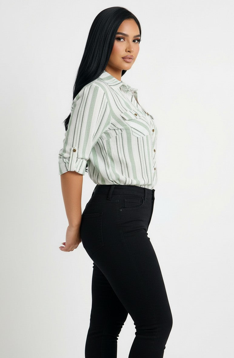 Striped Roll-Tab Sleeve Utility Shirt