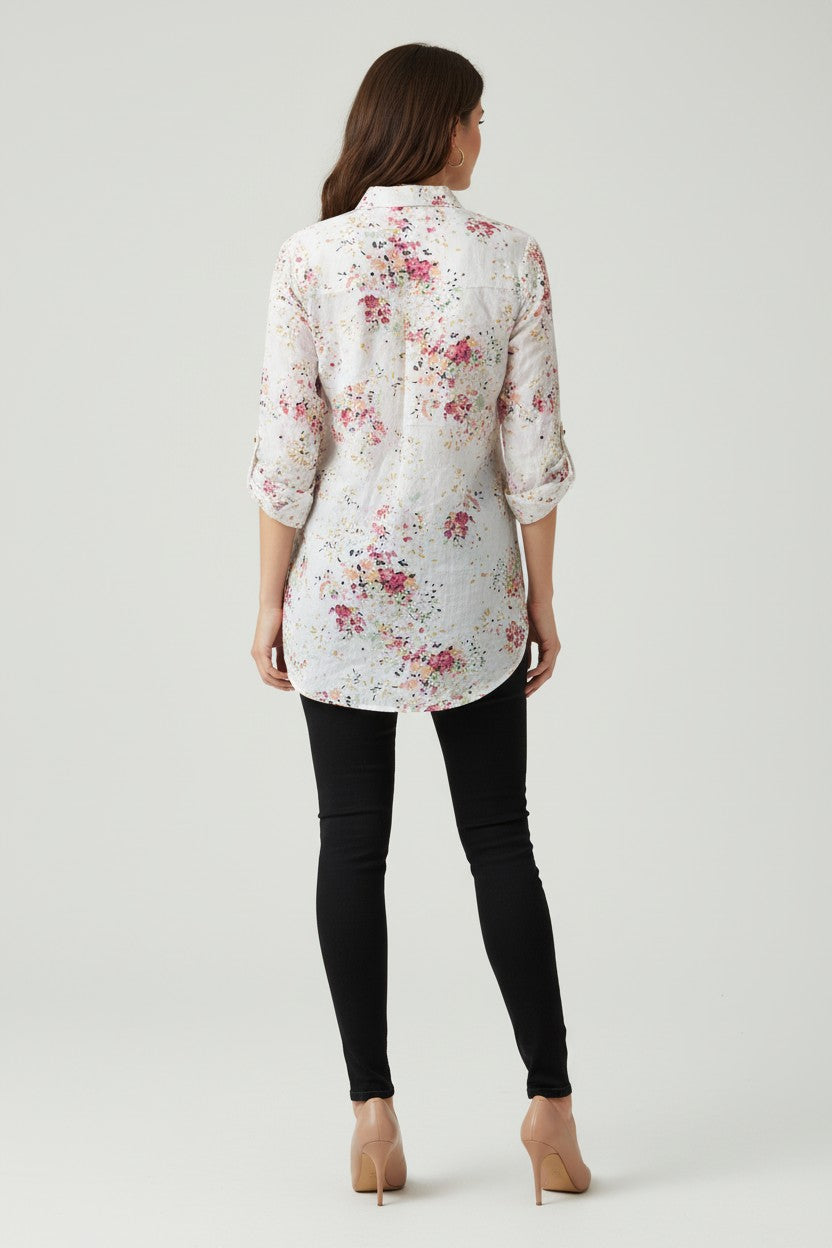 Floral Button-Up Roll Sleeve Blouse