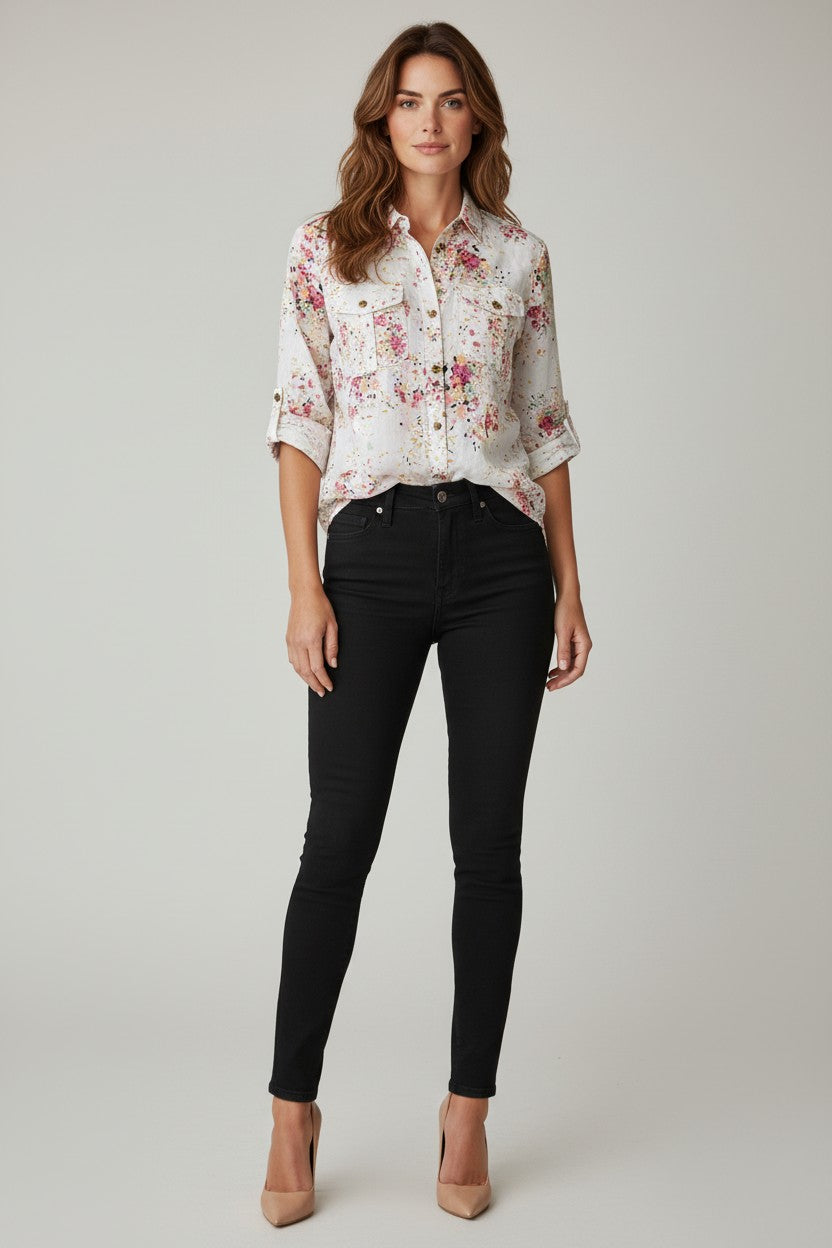 Floral Button-Up Roll Sleeve Blouse