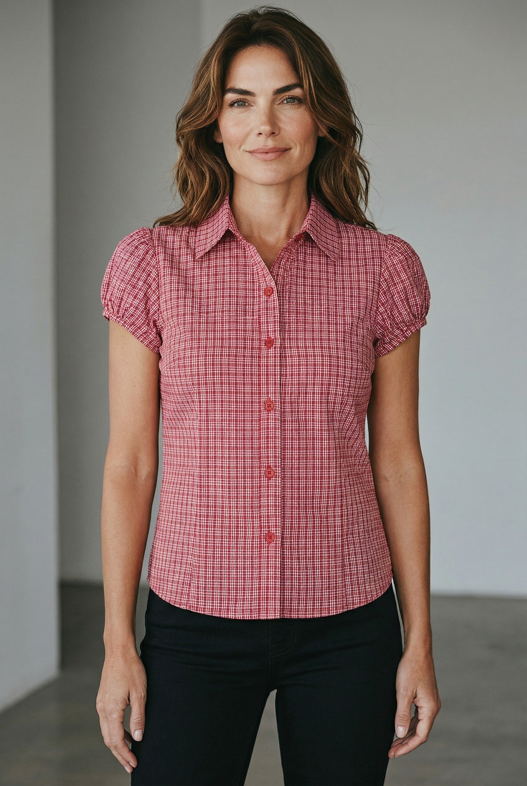 Red Gingham Puff Sleeve Button-Up Top
