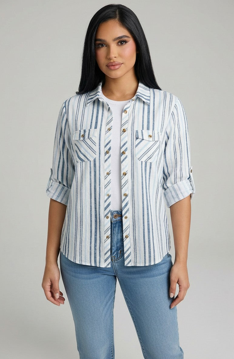 Striped Roll-Tab Sleeve Utility Shirt