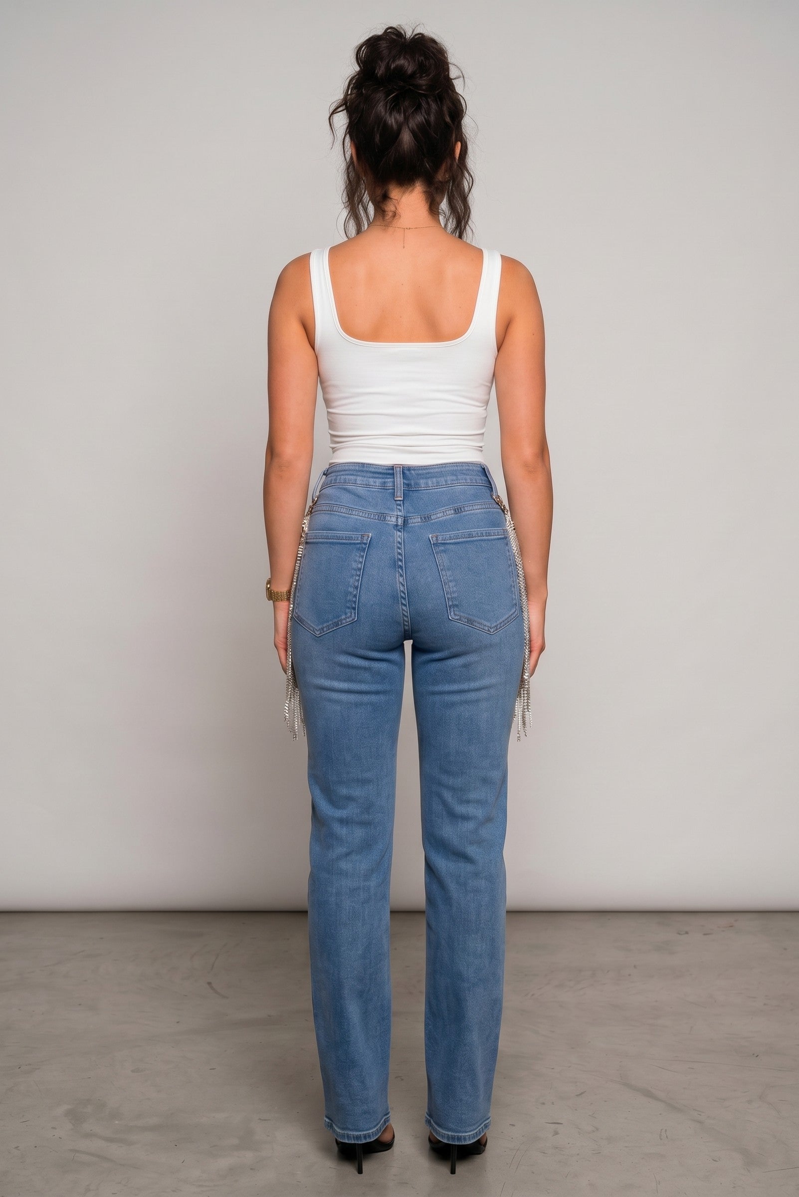 Light Wash Rhinestone Fringe Straight-Leg Jeans