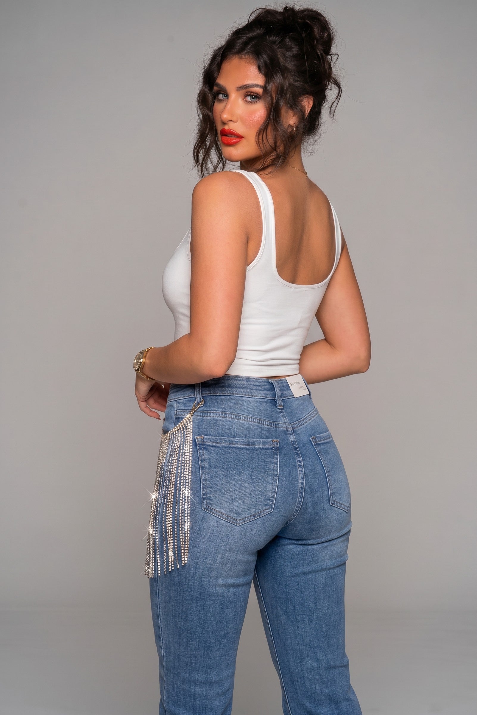 Light Wash Rhinestone Fringe Straight-Leg Jeans