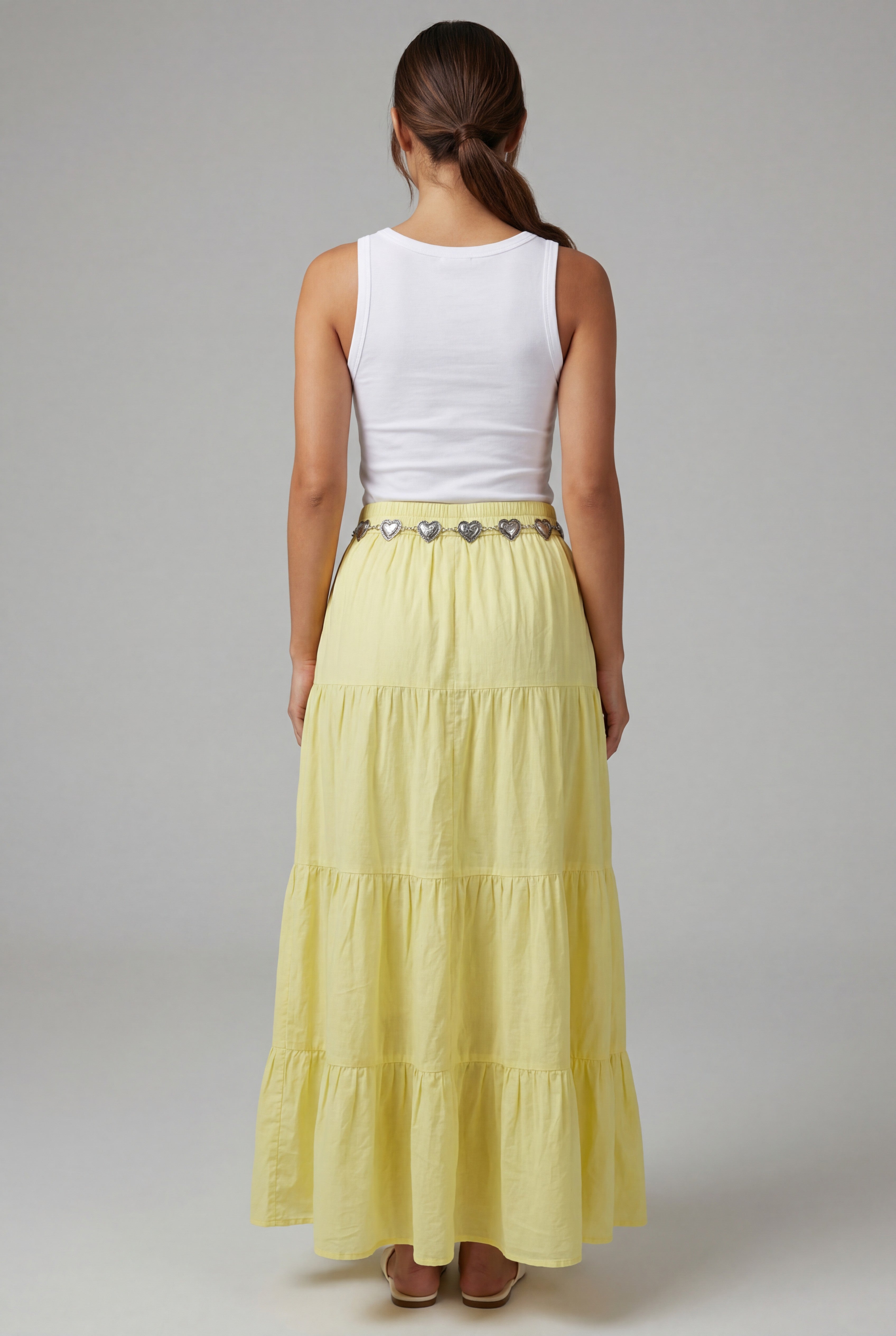 Tiered Crinkle Maxi Skirt with Heart Chain Belt