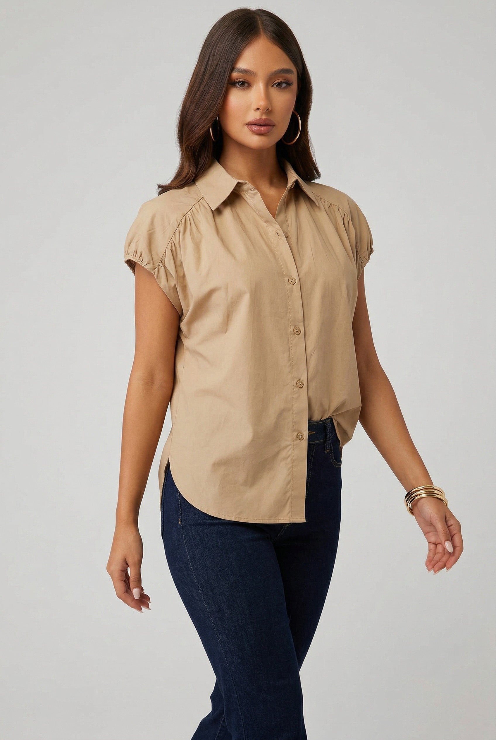 Gathered Shoulder Cap Sleeve Button-Up Top