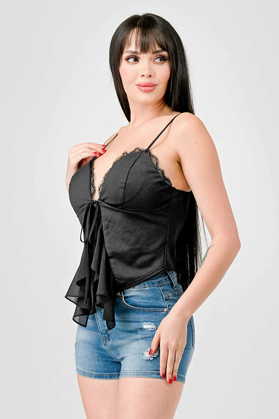 LACE TRIM SWEETHEART DRAWSTRING BOW TIE RUFFLED DRAPED CAMI TOP