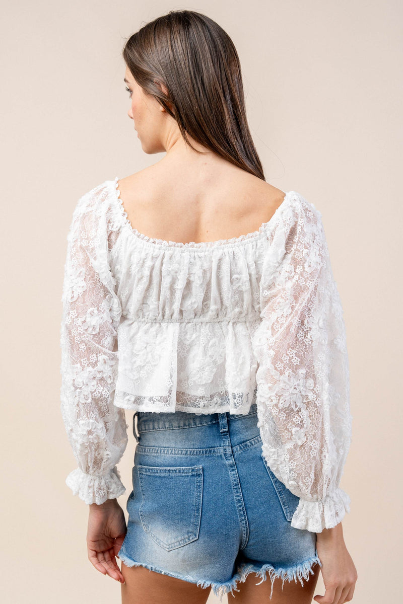 Bella Lace Angelica – 3D Off-Shoulder Floral Blouse in White