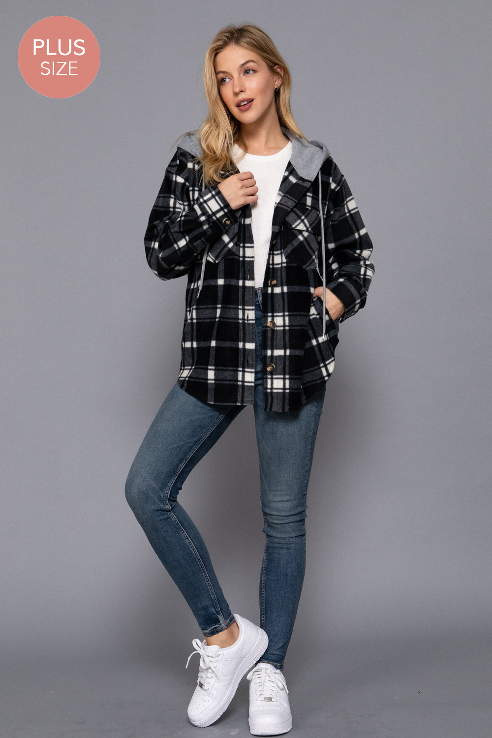 Plus Size Plaid Button Down Hoodie Fleece Jacket
