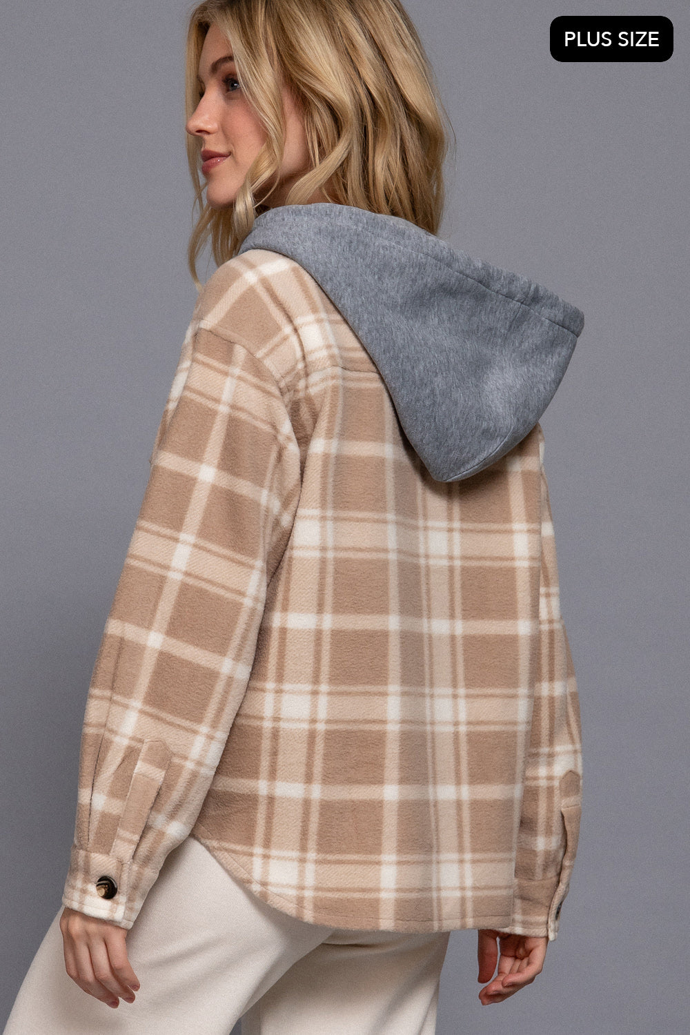 Plus Size Plaid Button Down Hoodie Fleece Jacket