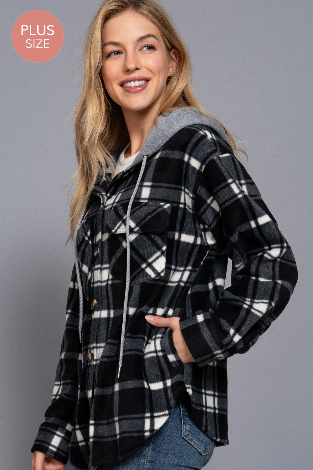 Plus Size Plaid Button Down Hoodie Fleece Jacket