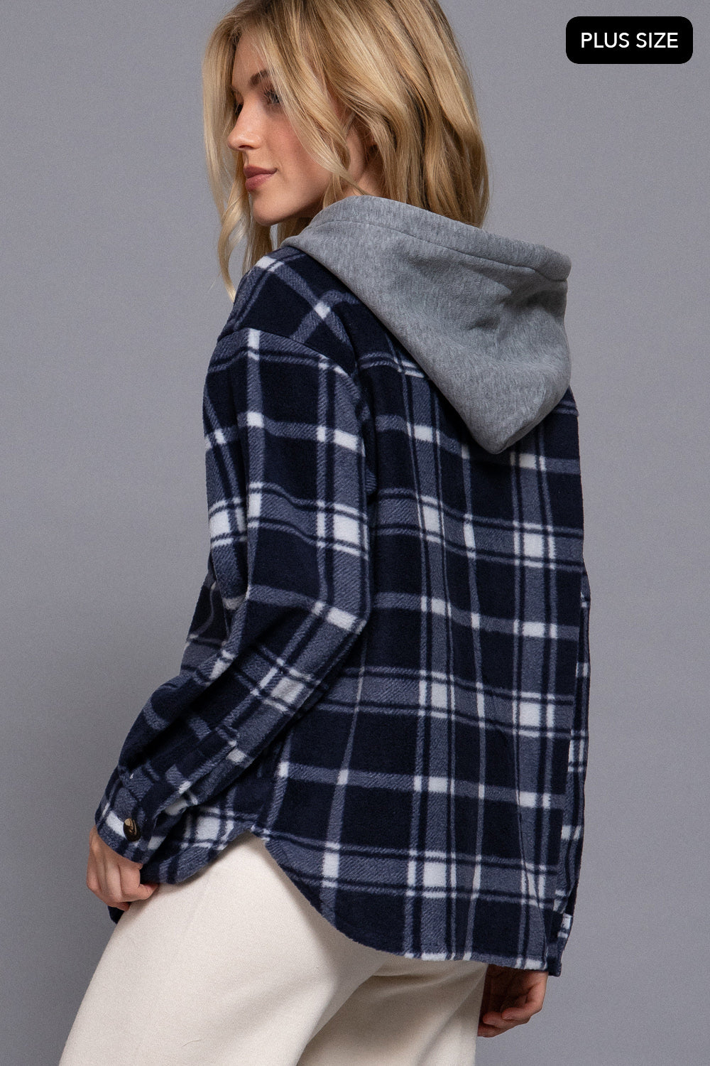 Plus Size Plaid Button Down Hoodie Fleece Jacket