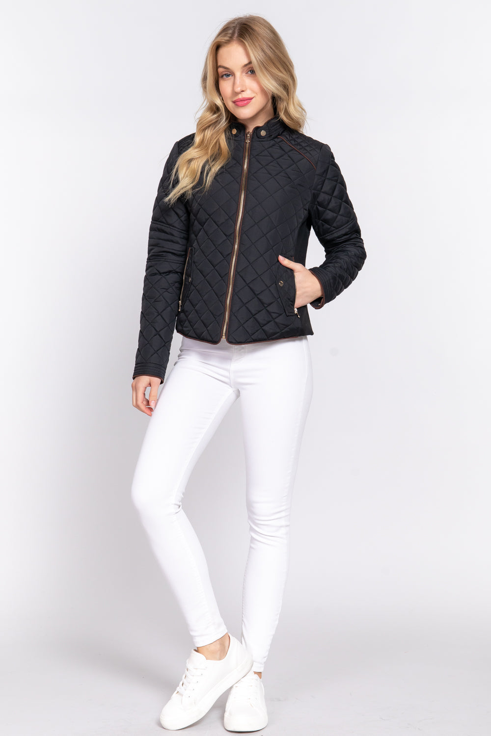 Black quilted suede piping jacket by Active USA, featuring a stylish design and textured fabric for a modern look.