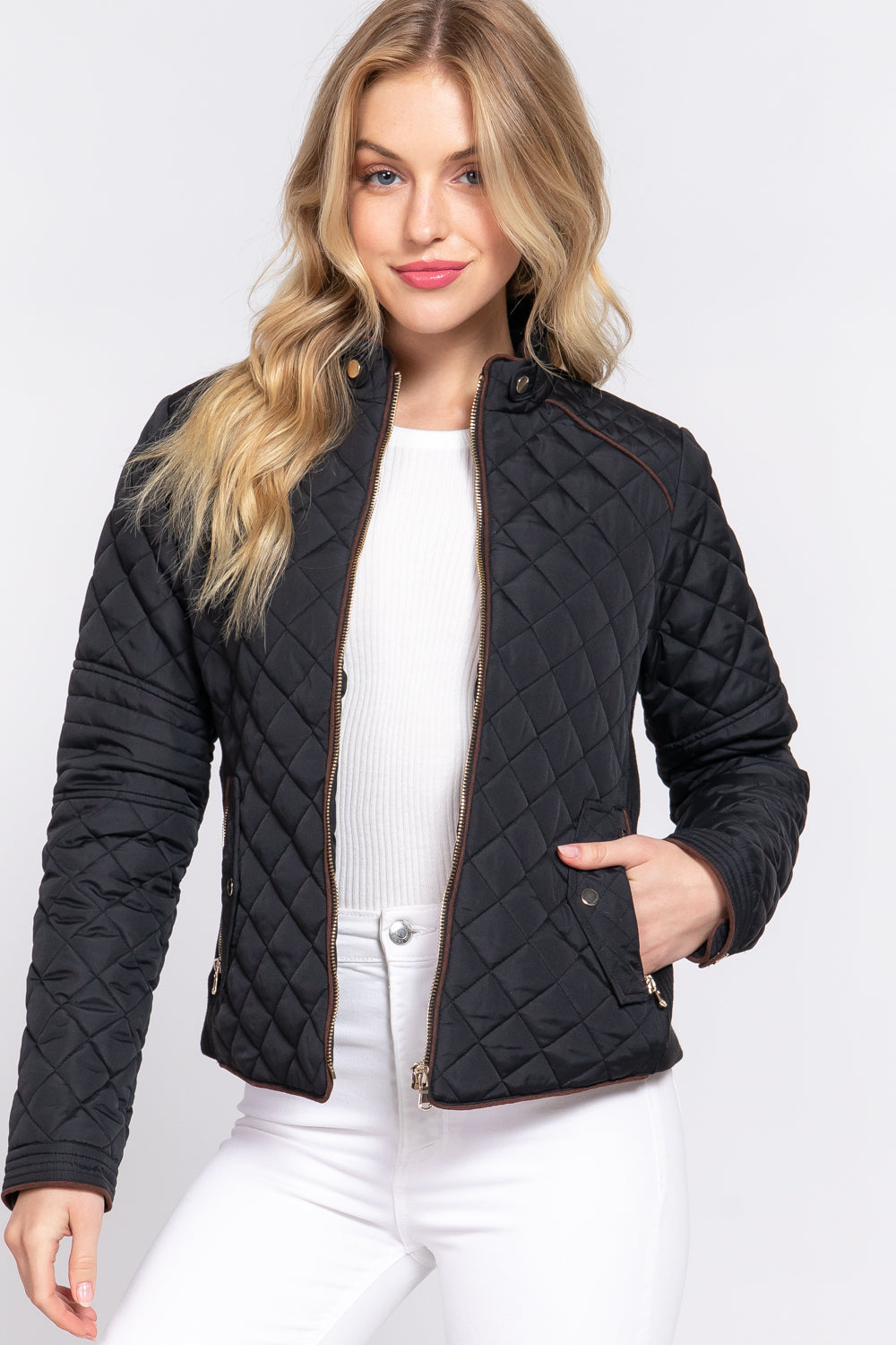 Black quilted suede piping jacket by Active USA, featuring a stylish design and textured fabric for added warmth and comfort.