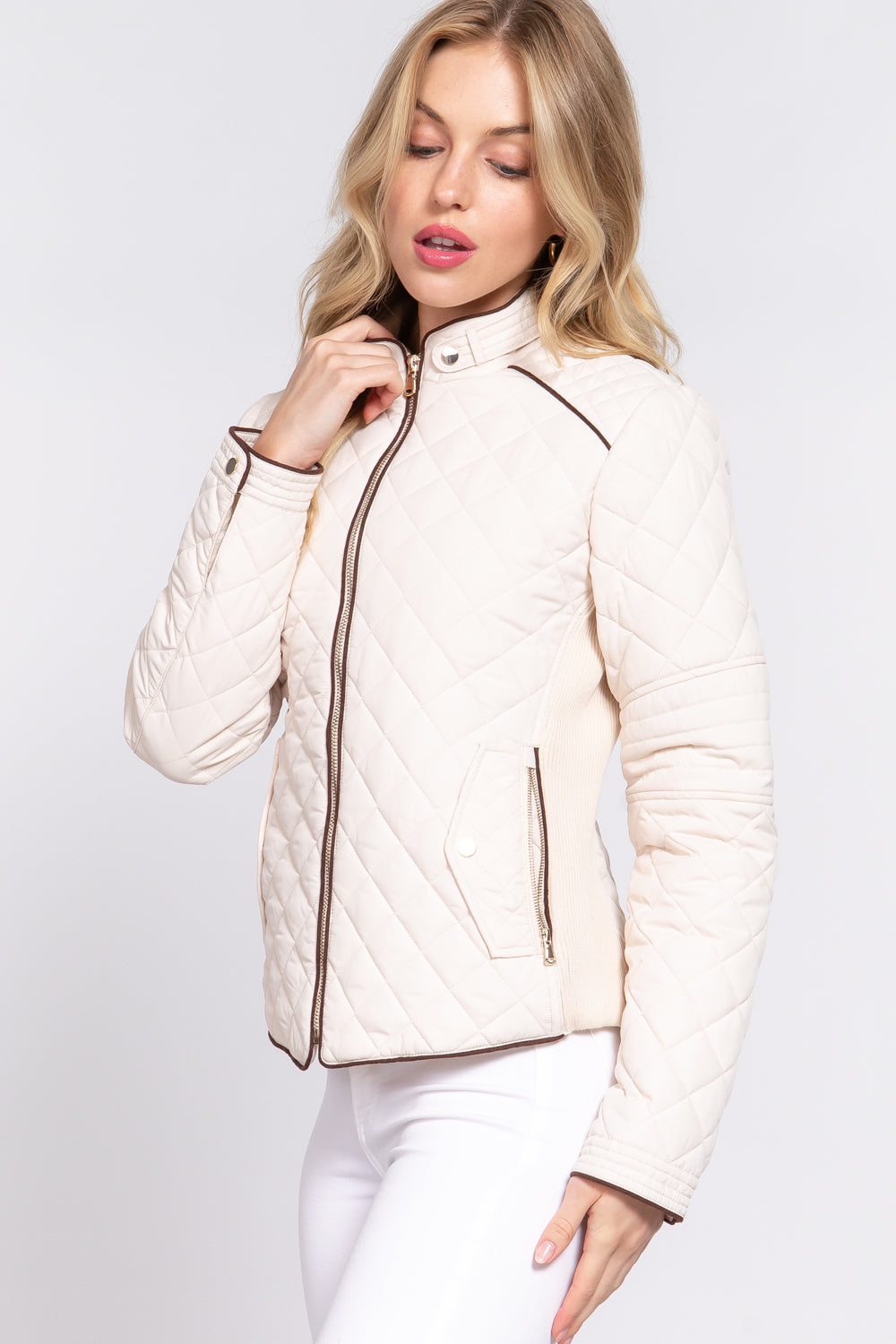 Quilted suede piping jacket in ivory from Active USA, showcasing a stylish design and textured fabric.