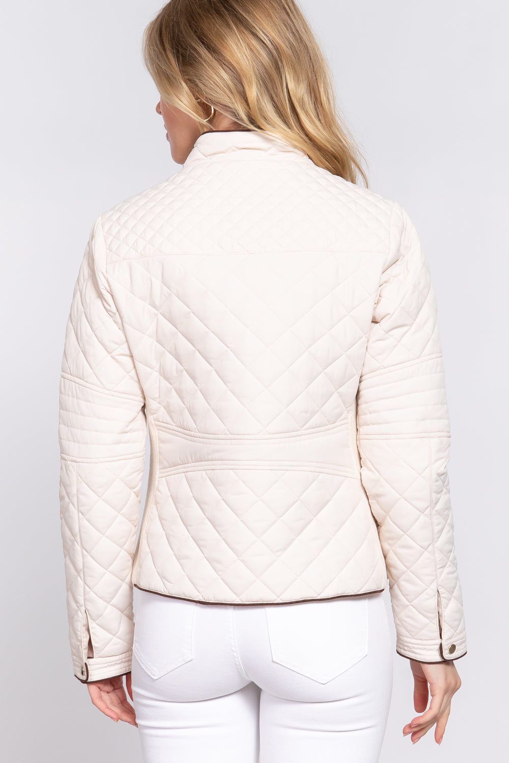 Quilted suede piping jacket by Active USA in ivory, showcasing a stylish design and textured fabric details.
