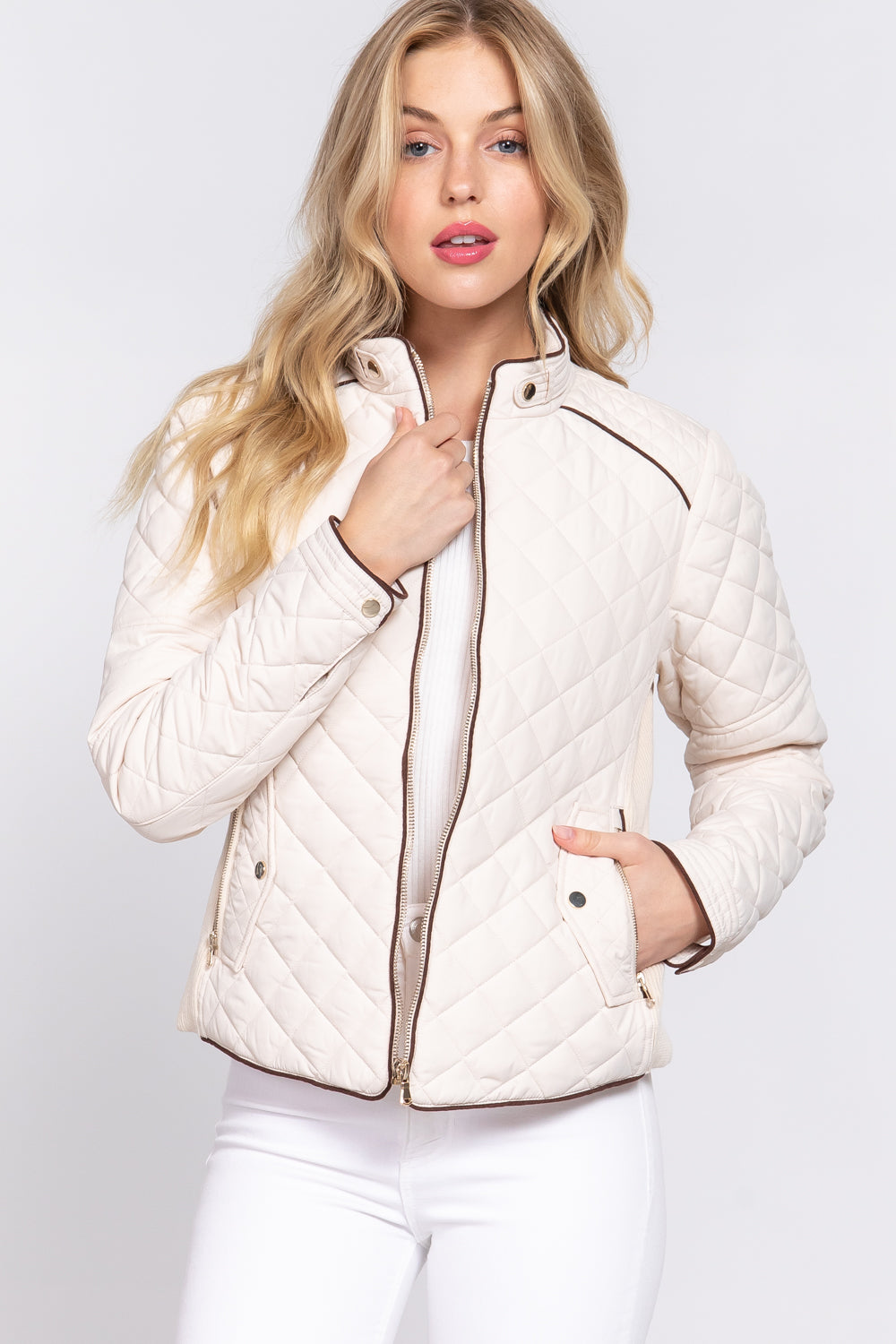 Quilted ivory suede piping jacket from Active USA with a stylish design, perfect for cool weather layering.