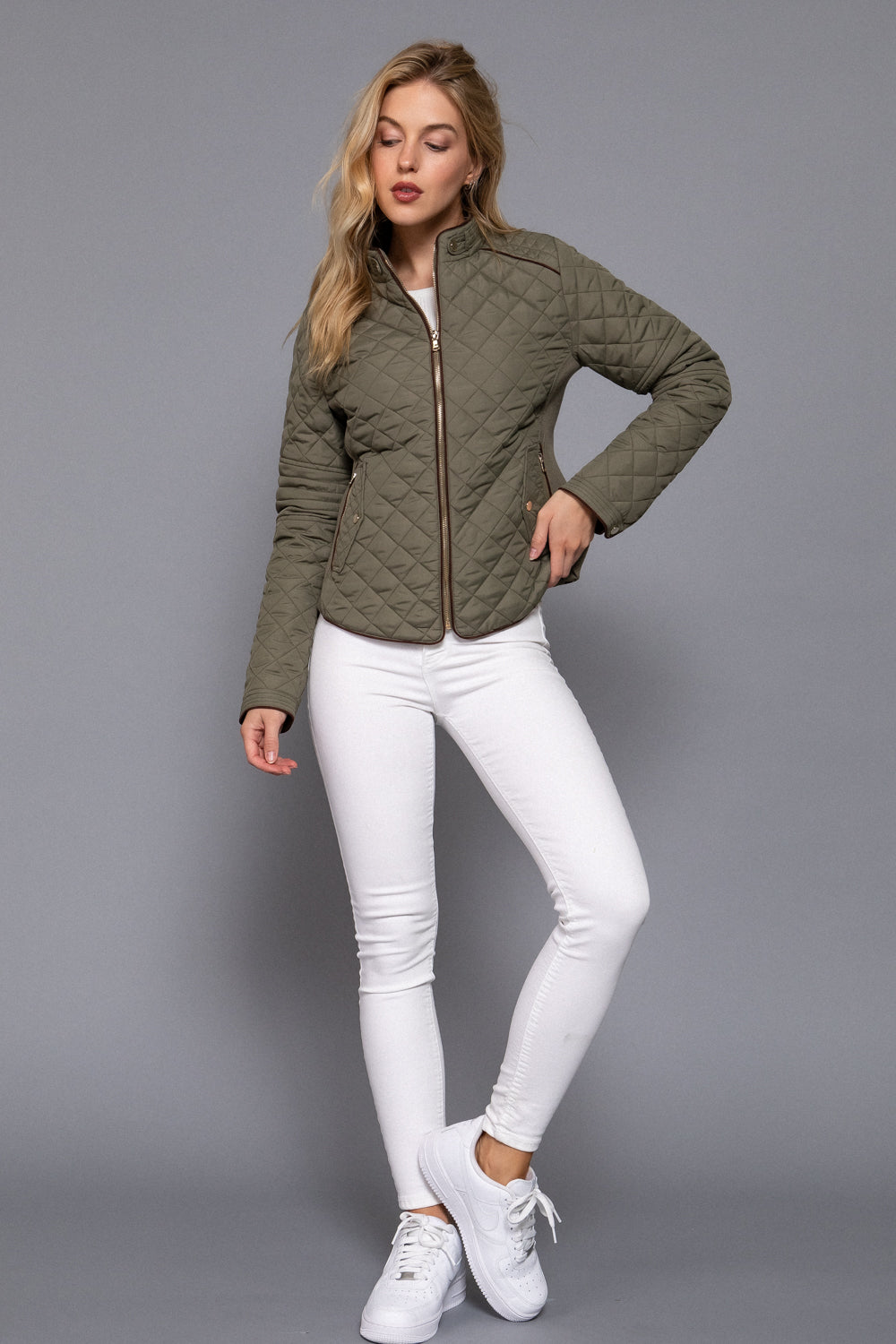 Quilted suede piping jacket in olive oil color by Active USA, showcasing stylish design and textured fabric details.