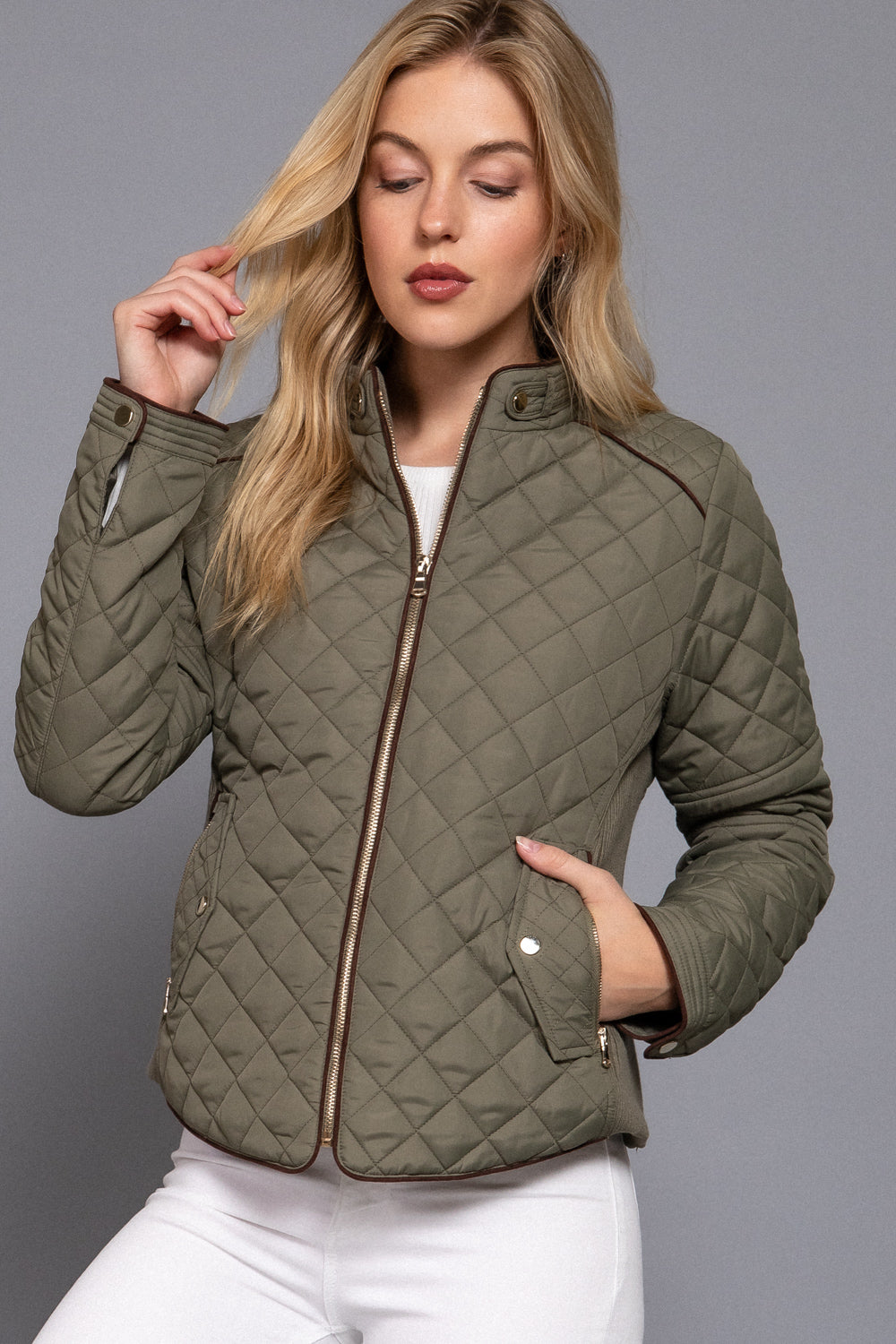 Quilted suede piping jacket by Active USA in olive oil color, featuring a stylish design and textured fabric.