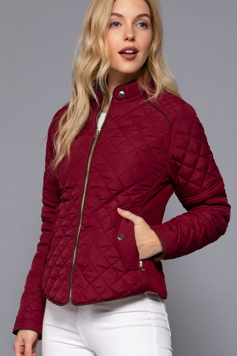 Quilted suede piping jacket in dark wine color, featuring a stylish design by Active USA for modern outerwear fashion.