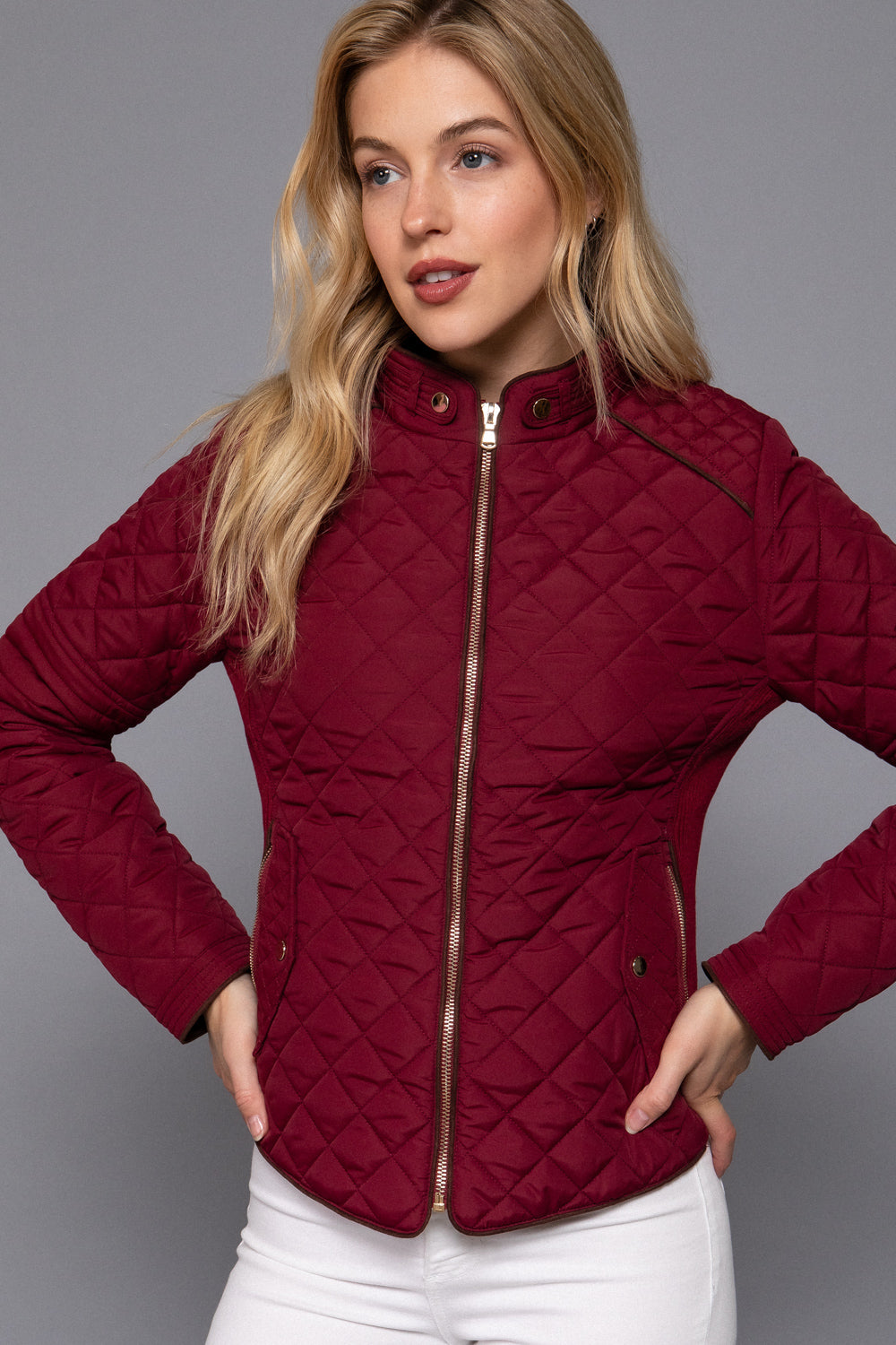 Quilted suede piping jacket in dark wine by Active USA, showcasing a stylish design and textured fabric details.