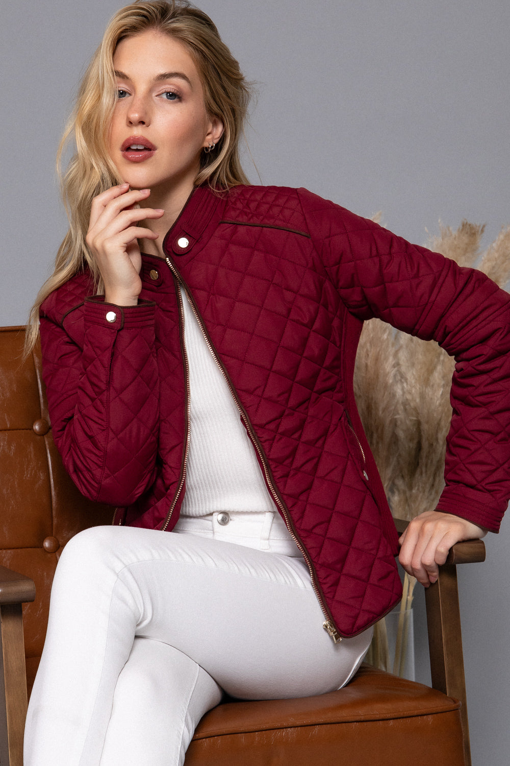 Quilted suede piping jacket in dark wine color by Active USA, showcasing stylish design and textured fabric.