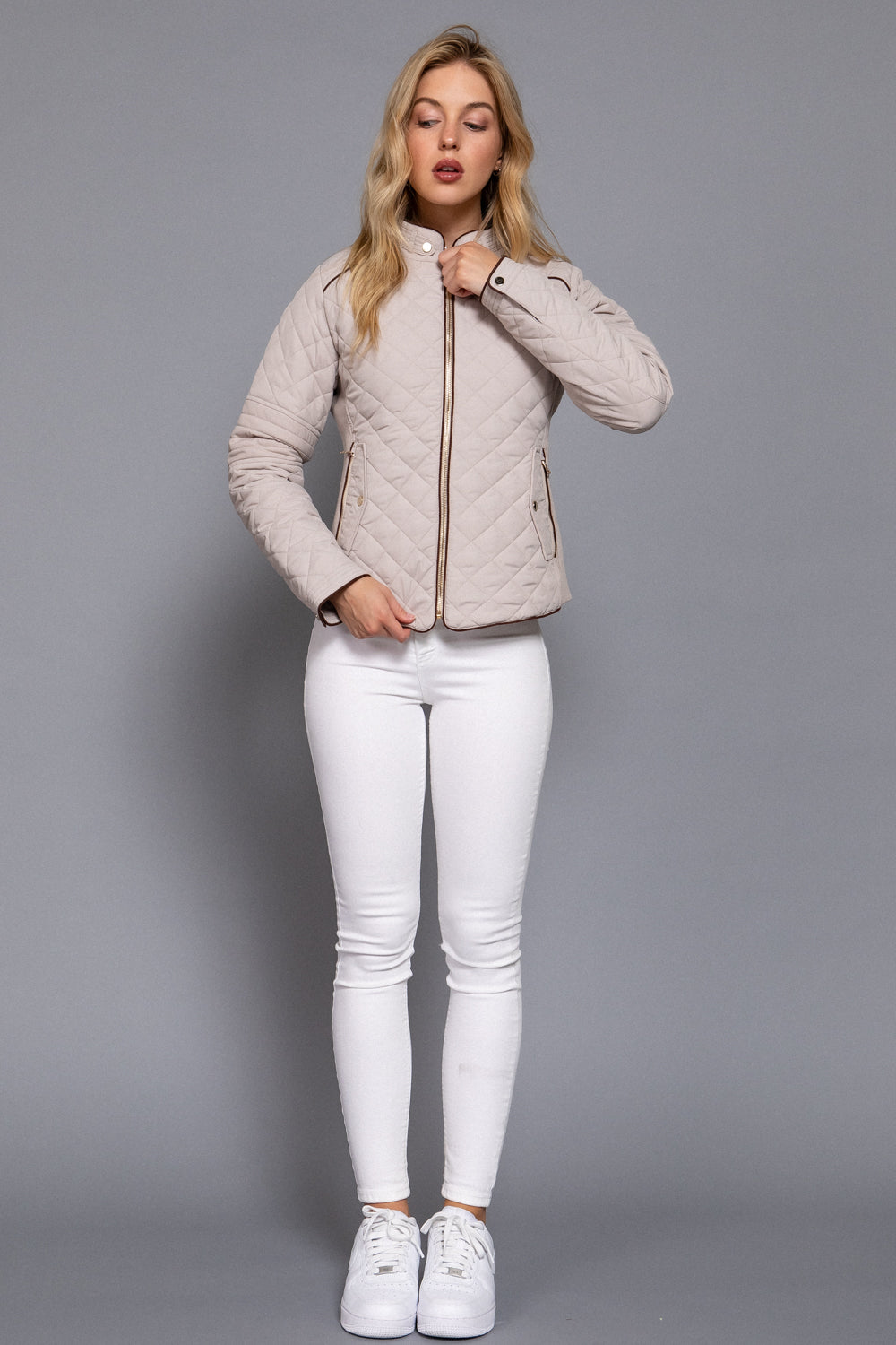 Quilted suede piping jacket by Active USA in taupe, featuring a stylish design and textured fabric.