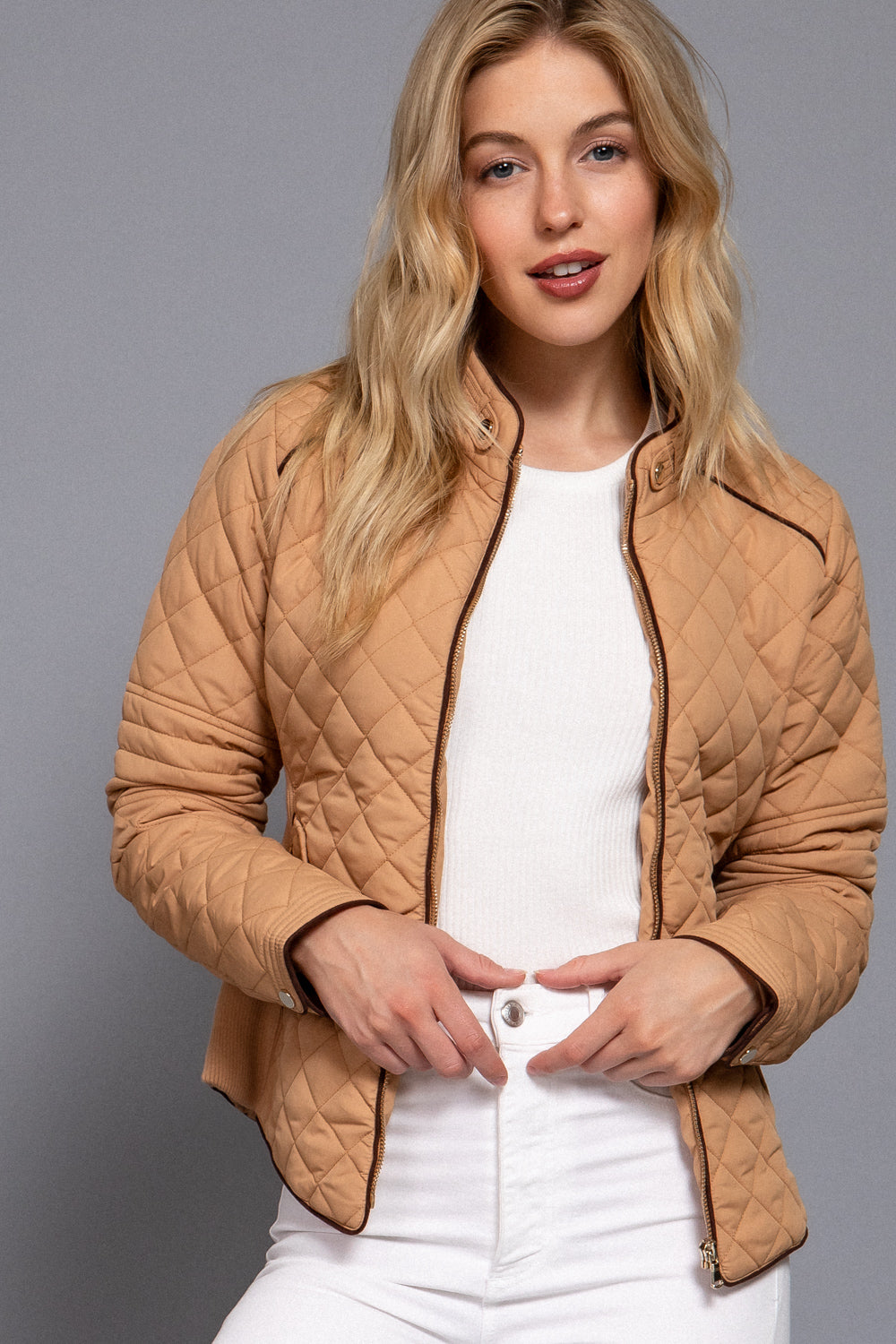 Quilted suede piping jacket in caramel color by Active USA, featuring a stylish design and textured finish.