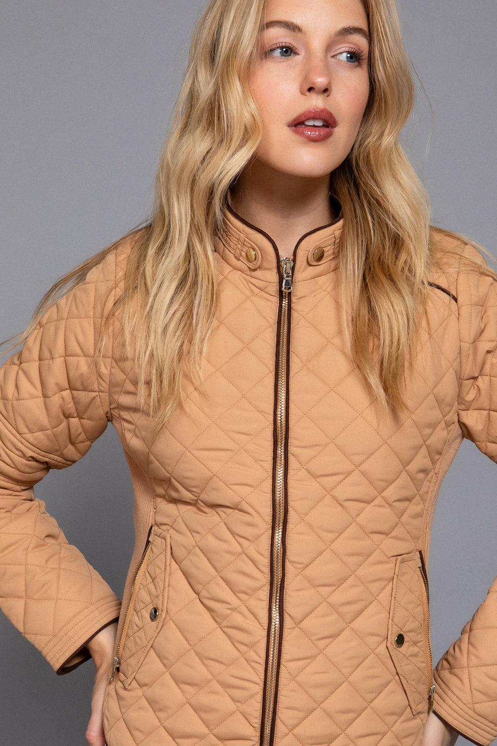 Quilted suede piping jacket in caramel color by Active USA, showcasing stylish design and textured fabric details.