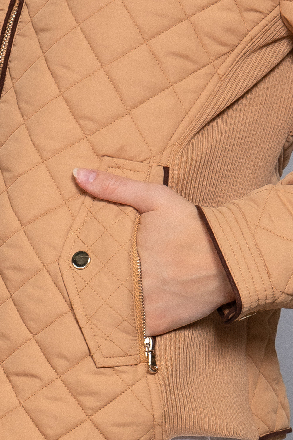 Quilted suede piping jacket in caramel color from Active USA, featuring a stylish design and textured fabric.