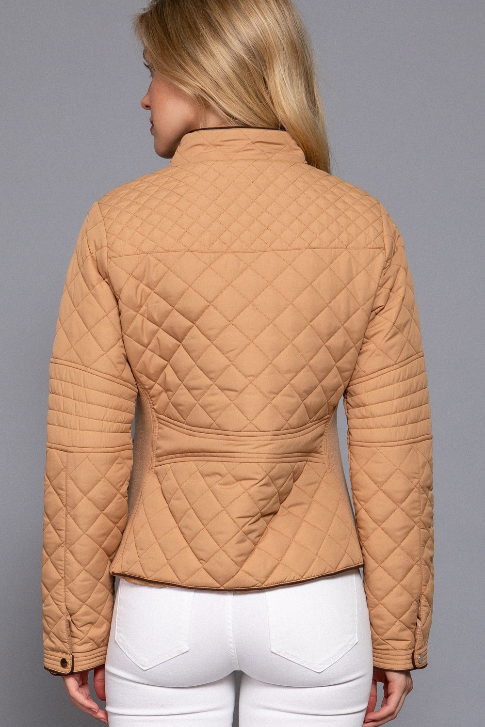 Quilted suede piping jacket in caramel color, featuring a stylish design and comfortable fit by Active USA.