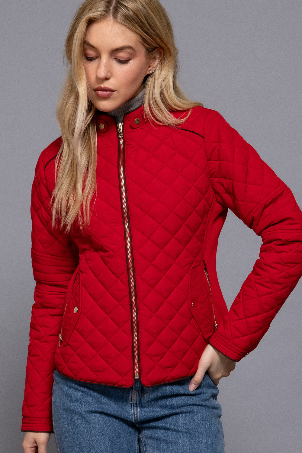 Red quilted suede piping jacket by Active USA, featuring a stylish design and soft texture for comfortable outerwear.