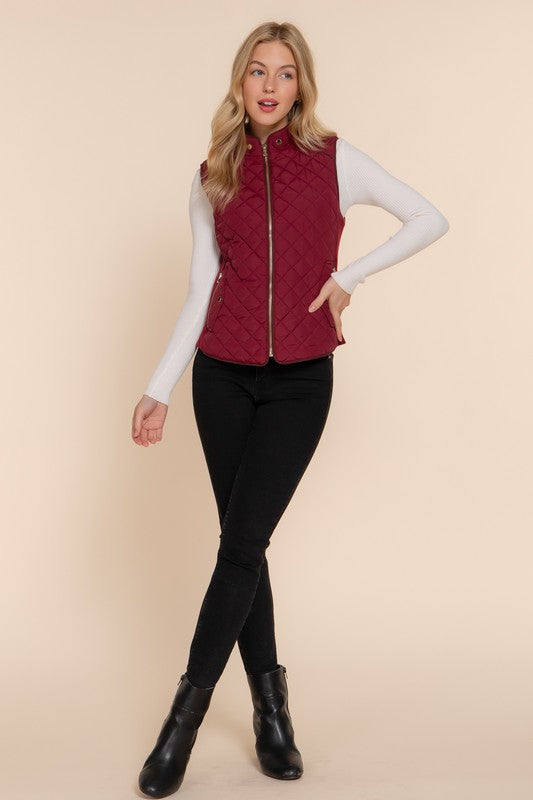 Active USA suede piping detail quilted padding vest, outwear with ribbed collar and quilted design, stylish and warm outer layer.