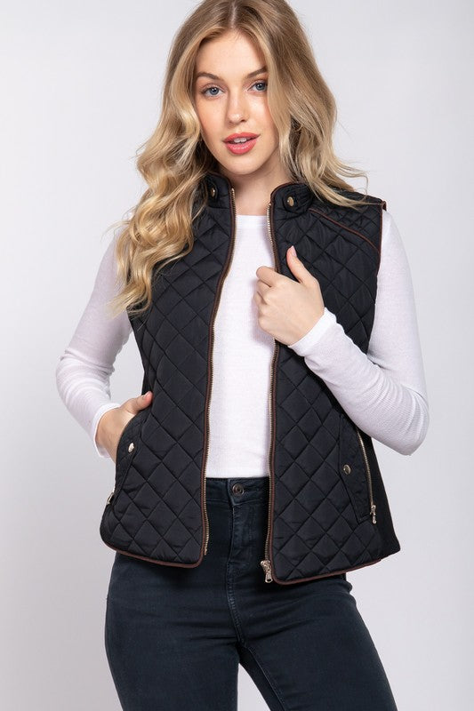 Active USA suede piping detail quilted padding vest with ribbed collar and quilted design, styled as outwear.
