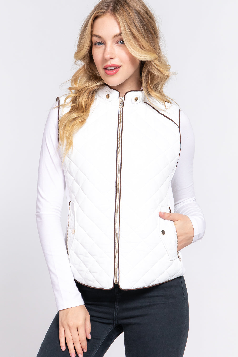 White suede piping detail rib quilted padding vest by Active USA, showcasing quilted fabric and stylish piping accents.