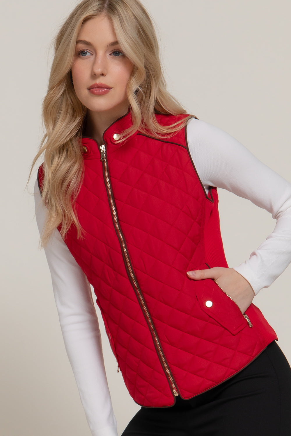 Red suede piped detail rib quilted padding vest by Active USA, showcasing quilted design and padded outwear style.