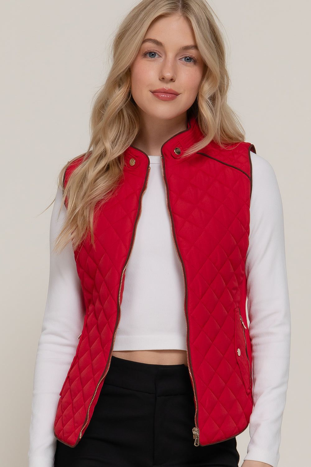 Red suede piping detail rib quilted padding vest from Active USA, stylish outwear with quilted design and padded comfort.