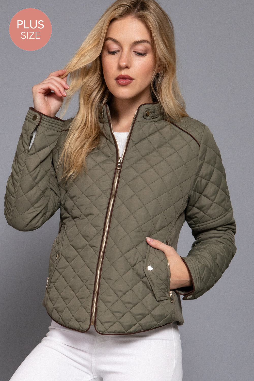 Plus Size Quilted Suede Piping Jacket