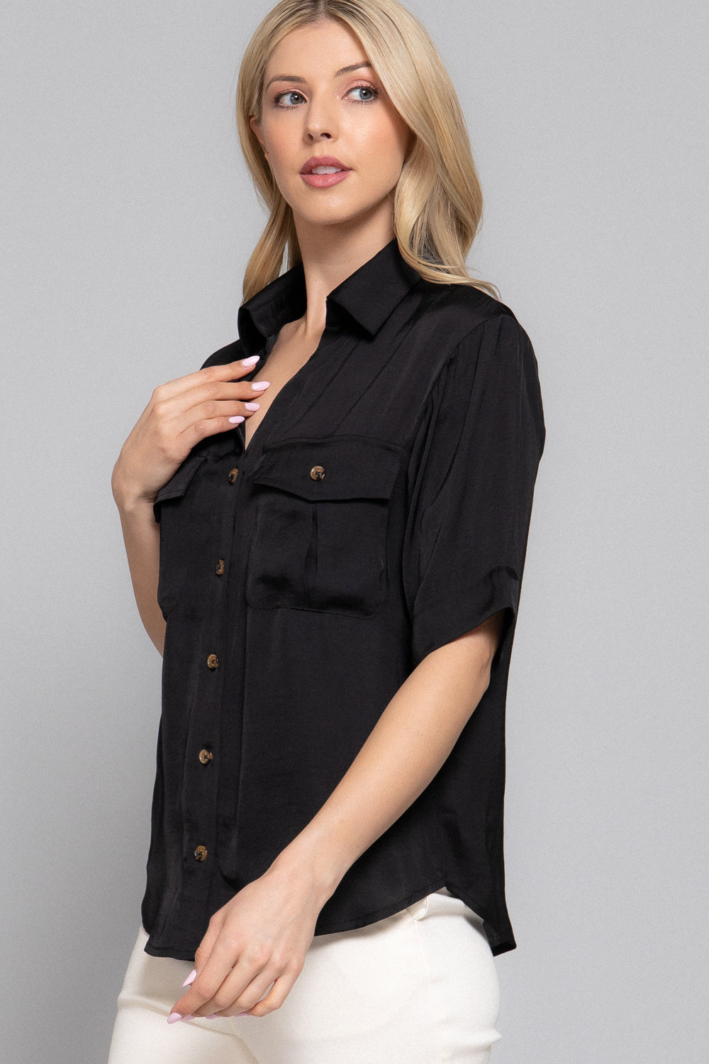 Black washed satin short sleeve button-down shirt by Active USA, smooth fabric, classic collar, and front buttons.