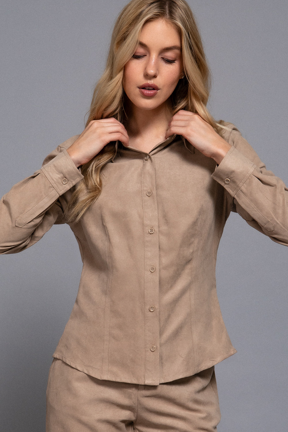 Women’s Long Sleeve Faux Suede Button-Up Shirt | Soft Woven Blouse